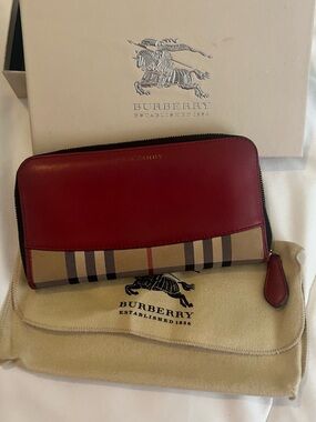 Burberry Red Leather & Beige Check Zip Wallet